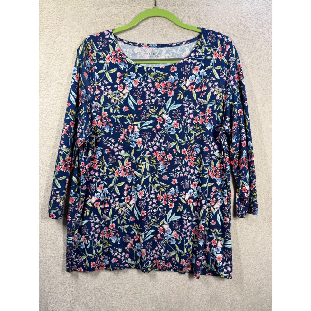 Talbots Woman Knit Top Women 1X Blue Floral 3/4 Sleeve Scoop Neck Rayon Tee